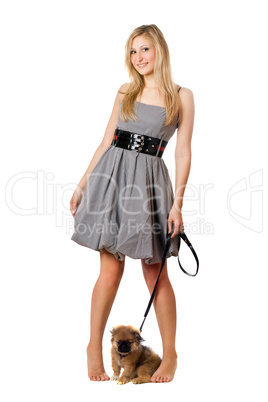 Blonde with pekingese puppy