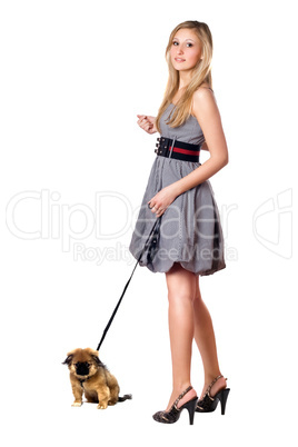 Blonde walking over her puppy