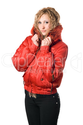 Pretty young blonde in red jacket