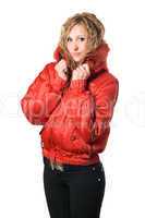 Pretty young blonde in red jacket