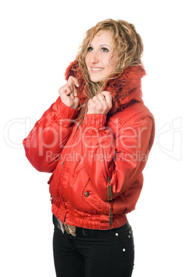 young smiling blonde in red jacket