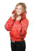 joyful blonde in red jacket
