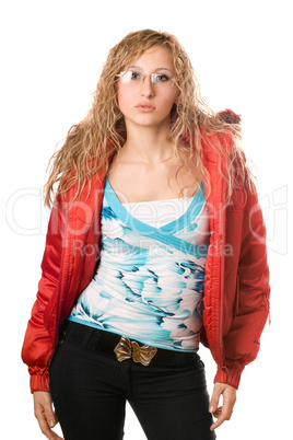 Young blonde wearing glasses in red jacket