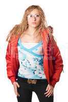 Young blonde wearing red jacket