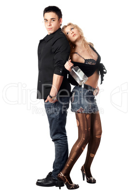Serious young man and girl with a bottle. Isolated