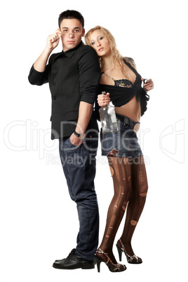 Serious young man and young blonde with a bottle
