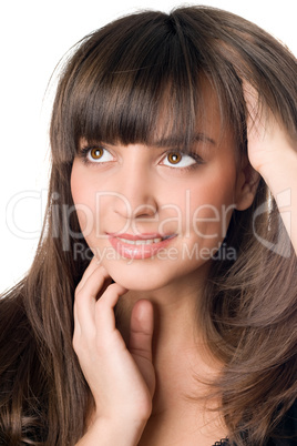 thoughtful woman with dark hair and brown eyes