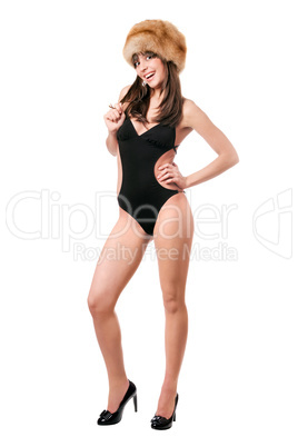 sexy lady wearing swimsuit and fur-cap