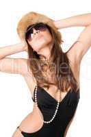 Attractive lady wearing swimsuit and fur-cap