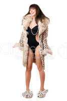 Cheerful woman wearing leopard coat