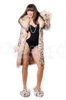 Joyful woman wearing leopard coat