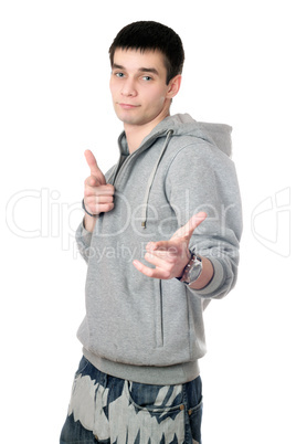 Young man in gray sweatshirt