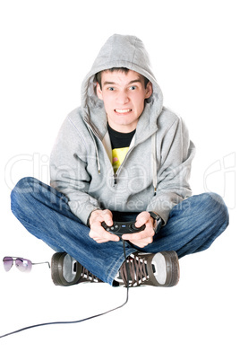Young man in hood with a joystick