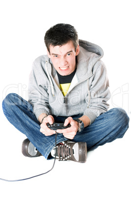 Furious guy with a joystick for game console