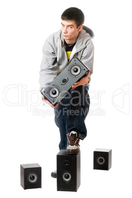 Young man with a speakers. Isolated