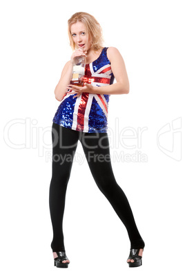 Playful blond woman with bottle