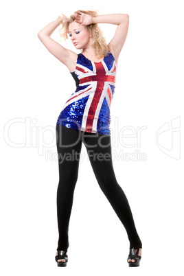 woman posing in union-flag shirt