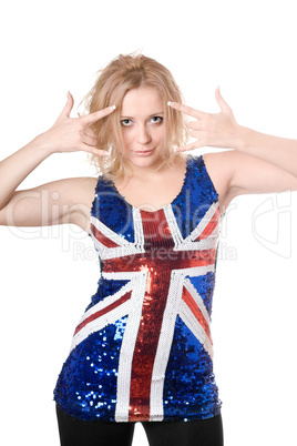 blonde in union-flag shirt showing gestures