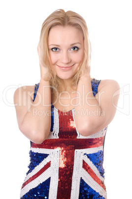 cheerful blonde wearing union-flag shirt