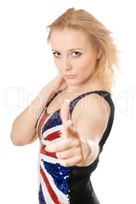 blonde showing her index finger