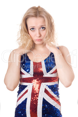 upset blonde wearing union-flag shirt