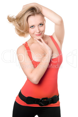 young smiling blonde in red t-shirt