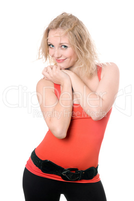 smiling blonde in red t-shirt