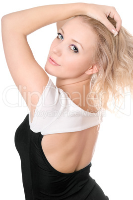 blonde posing in black-white dress