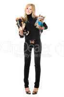 Happy blonde posing with two dogs