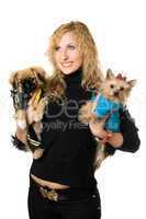 Portrait of cheerful young blonde with two dogs
