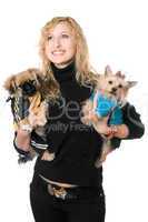 Portrait of beautiful young blonde with two dogs