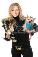 Portrait of joyful young blonde with two dogs