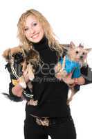 Portrait of joyful pretty blonde with two dogs