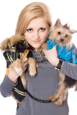 Portrait of lovely blonde with two dogs