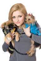 Portrait of pretty blonde with two dogs. Isolated