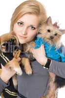 Portrait of beautiful blonde with two dogs. Isolated