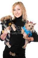 Portrait of smiling pretty young blonde with two dogs