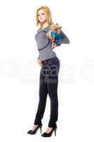 Attractive blonde posing with puppy. Isolated