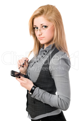 Portrait of pretty young blonde with smartphone