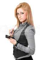 Portrait of pretty young blonde with smartphone