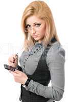 Portrait of beautiful young blonde with smartphone