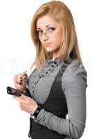 Portrait of attractive young blonde with smartphone