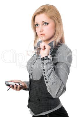 Portrait of pretty young blonde with smartphone. Isolated