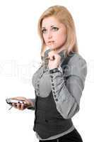 Portrait of pretty young blonde with smartphone. Isolated