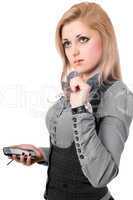 Portrait of beautiful young blonde with smartphone. Isolated