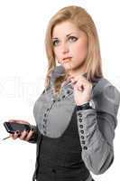 Portrait of attractive young blonde with smartphone. Isolated