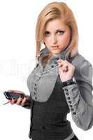 Portrait of young blonde with smartphone. Isolated