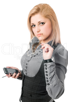 Young blonde with smartphone. Isolated