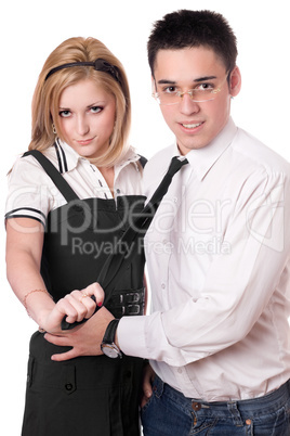 Portrait of smiling student pair. Isolated