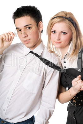 Portrait of smiling playful student pair. Isolated